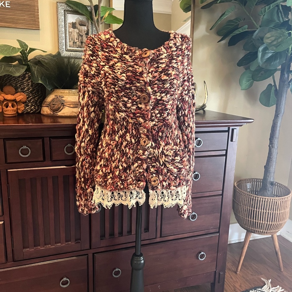 Anthropologie HWR Knit Cardigan with Lace Trim Sz XS